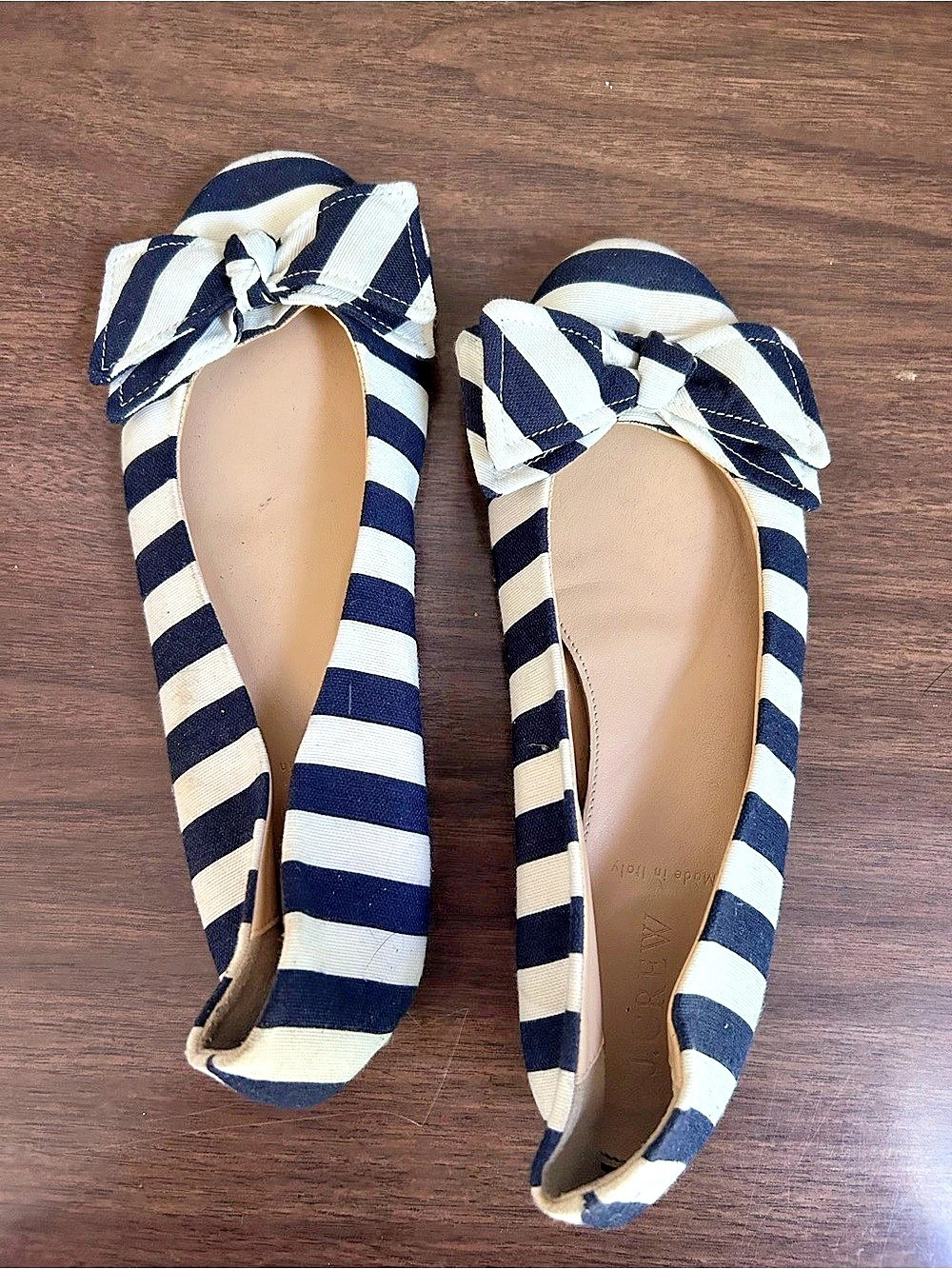 J.Crew Cece Ballet Flat in Navy White Stripe with Bow Blue & White US 7